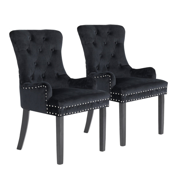 2X French Provincial Dining Chair Ring Studded Velvet Rubberwood Leg Lisse Black Dining Chairs