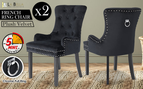 2X French Provincial Dining Chair Ring Studded Velvet Rubberwood Leg Lisse Black Dining Chairs