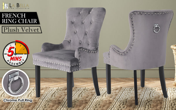 French Provincial Dining Chair Ring Studded Velvet Rubberwood Leg Lisse Grey Dining Chairs