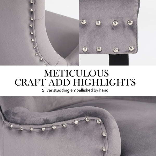 French Provincial Dining Chair Ring Studded Velvet Rubberwood Leg Lisse Grey Dining Chairs