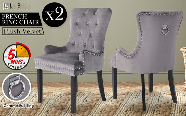 2X French Provincial Dining Chair Ring Studded Velvet Rubberwood Leg Lisse Grey Dining Chairs