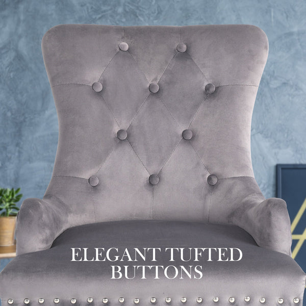 2X French Provincial Dining Chair Ring Studded Velvet Rubberwood Leg Lisse Grey Dining Chairs