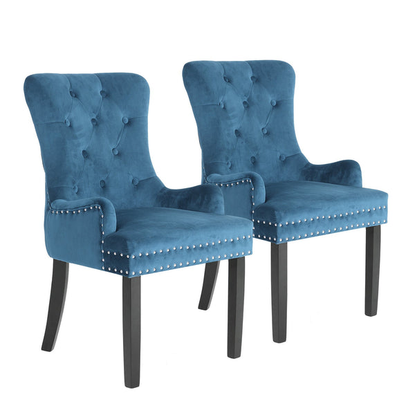 2X French Provincial Dining Chair Ring Studded Velvet Rubberwood Leg Lisse Navy Blue Dining Chairs