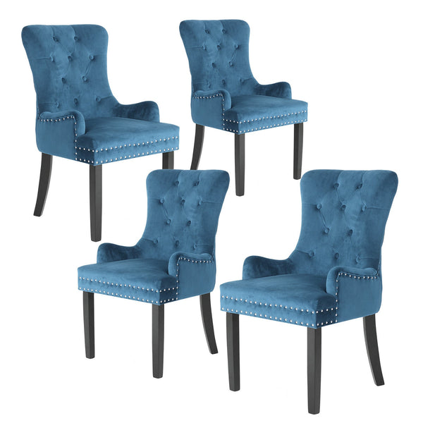 4X French Provincial Dining Chair Ring Studded Velvet Rubberwood Leg Lisse Navy Blue Dining Chairs