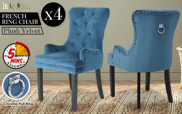4X French Provincial Dining Chair Ring Studded Velvet Rubberwood Leg Lisse Navy Blue Dining Chairs