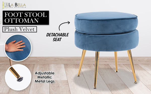 Ottoman Foot Stool Velvet Fabric Metal Leg Round Navy Blue Ottomans Footstools & Poufs