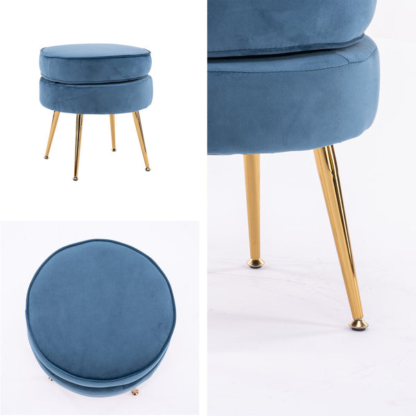 Ottoman Foot Stool Velvet Fabric Metal Leg Round Navy Blue Ottomans Footstools & Poufs