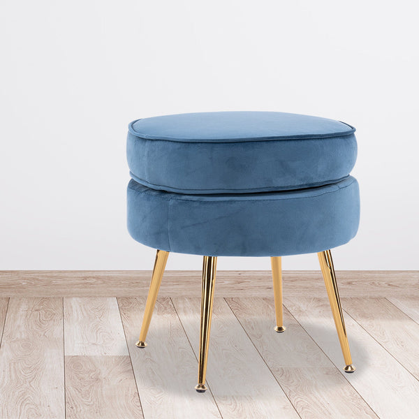 Ottoman Foot Stool Velvet Fabric Metal Leg Round Navy Blue Ottomans Footstools & Poufs
