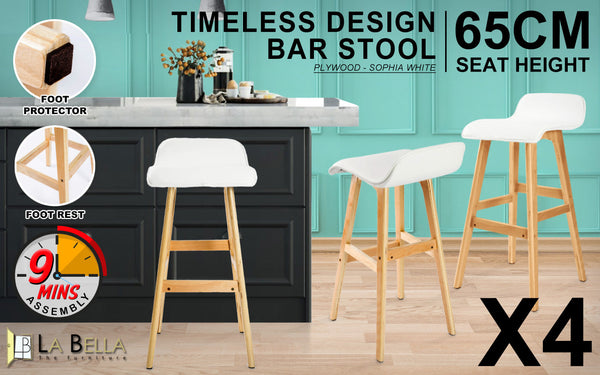 4X Bar Stool Dining Chair Leather Sophia 65Cm White Benches Bar Stools