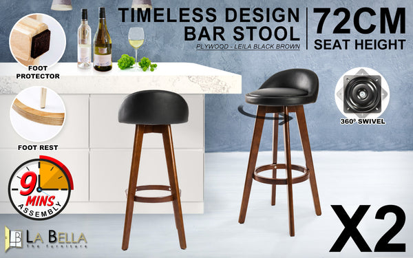 2X Bar Stool Dining Chair Leather Leila 72Cm Black Brown Benches Bar Stools
