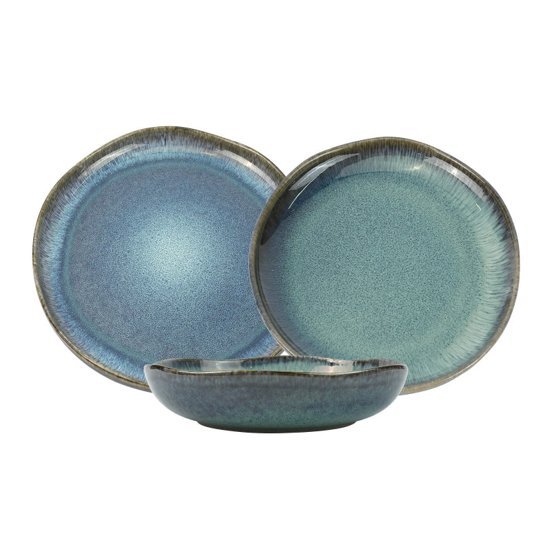 3 Pieces Reactive Glazed Ceramic Organic Fine Dinner Set With Plate And Bowl Earthy Aqua Dinner Sets