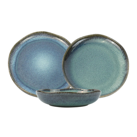 3 Pieces Reactive Glazed Ceramic Organic Fine Dinner Set With Plate And Bowl Earthy Aqua Dinner Sets
