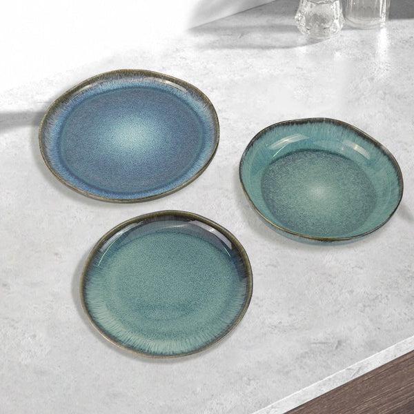 3 Pieces Reactive Glazed Ceramic Organic Fine Dinner Set With Plate And Bowl Earthy Aqua Dinner Sets