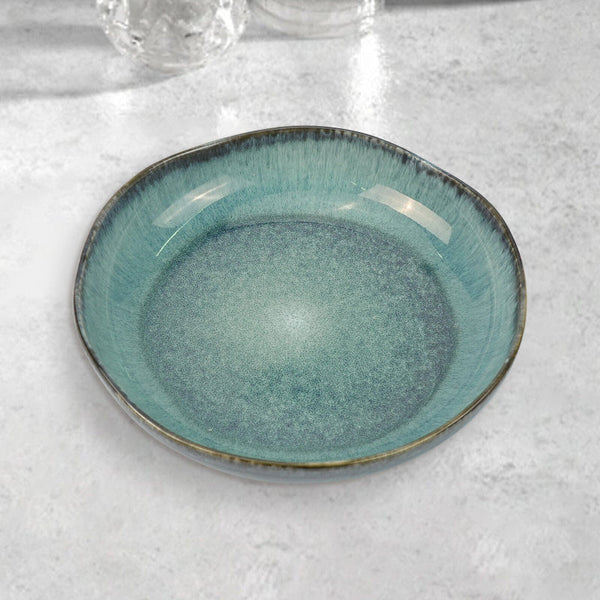 3 Pieces Reactive Glazed Ceramic Organic Fine Dinner Set With Plate And Bowl Earthy Aqua Dinner Sets