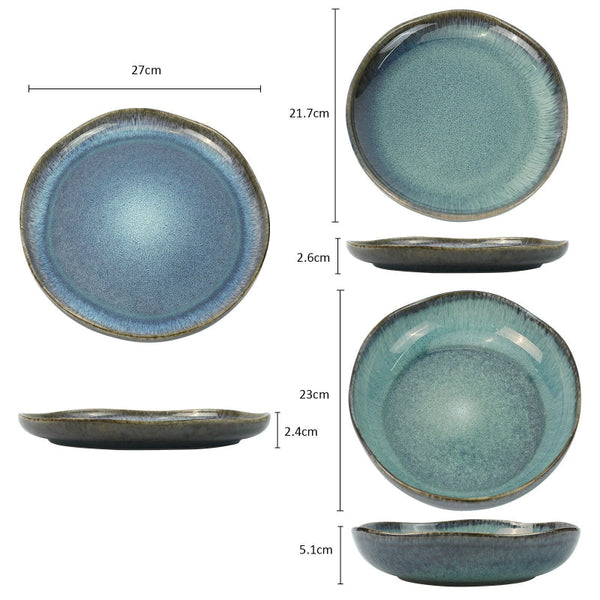 3 Pieces Reactive Glazed Ceramic Organic Fine Dinner Set With Plate And Bowl Earthy Aqua Dinner Sets