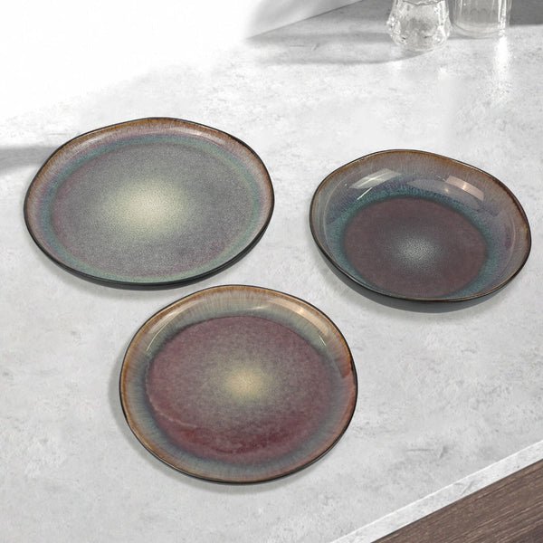 3 Pieces Reactive Glazed Ceramic Organic Fine Dinner Set With Plate And Bowl Earthy Blue Brown Dinner Sets