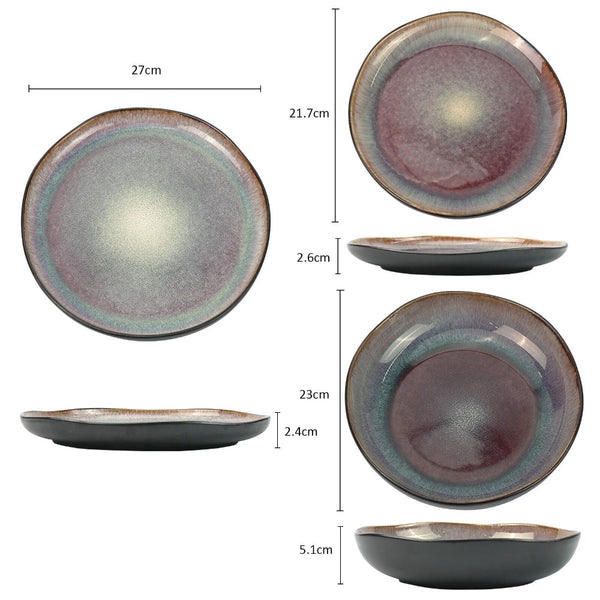 3 Pieces Reactive Glazed Ceramic Organic Fine Dinner Set With Plate And Bowl Earthy Blue Brown Dinner Sets