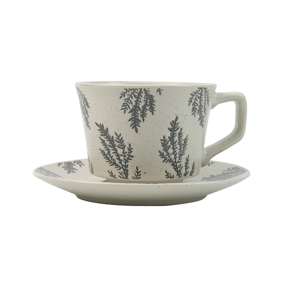 High Fired Ceramic Stoneware Speckle Cup & Saucer Set 380Ml Floral Tea Spoon Earthy Grey Cups & Saucers