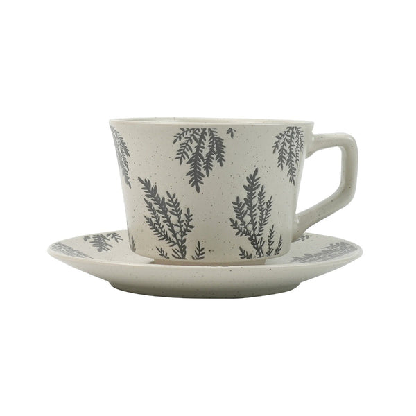 High Fired Ceramic Stoneware Speckle Cup & Saucer Set 380Ml Floral Tea Spoon Earthy Grey Cups & Saucers