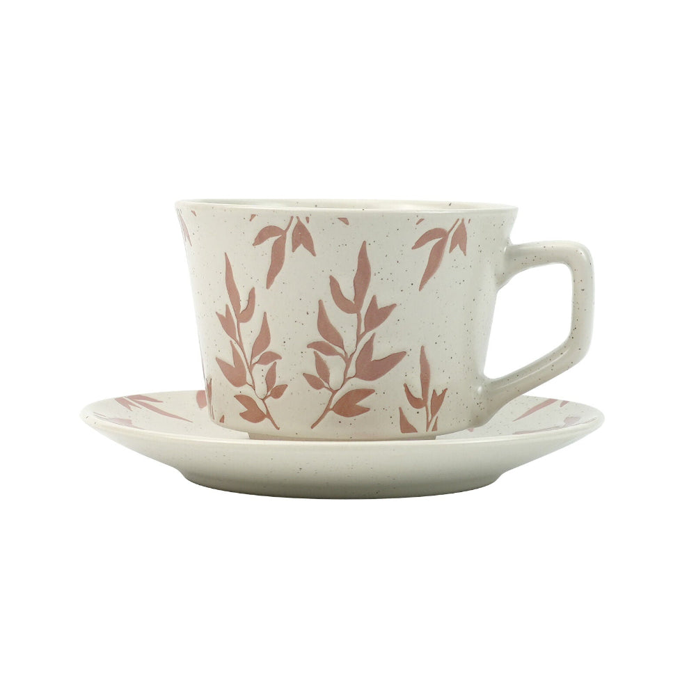High Fired Ceramic Stoneware Speckle Cup & Saucer Set 380Ml Floral Tea Spoon Earthy Red Cups & Saucers