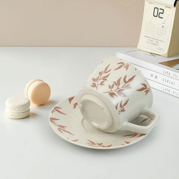 High Fired Ceramic Stoneware Speckle Cup & Saucer Set 380Ml Floral Tea Spoon Earthy Red Cups & Saucers