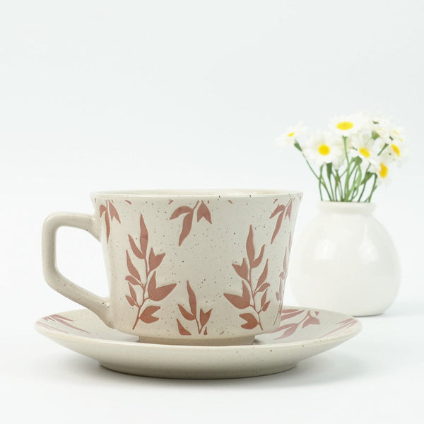 High Fired Ceramic Stoneware Speckle Cup & Saucer Set 380Ml Floral Tea Spoon Earthy Red Cups & Saucers