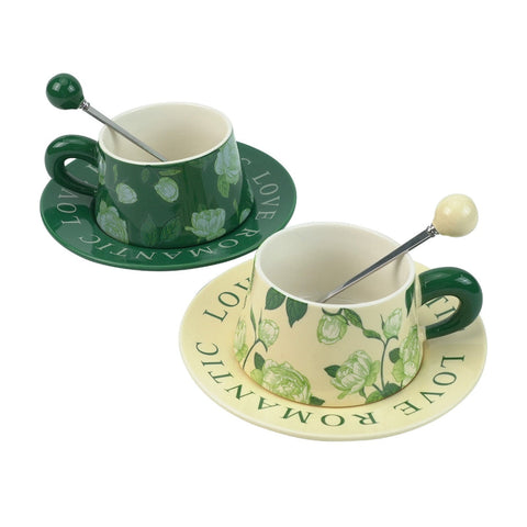 2X High Fired Ceramic Porcelain Cup & Saucer Set 300Ml Vintage Floral Tea Spoon Green Cups & Saucers