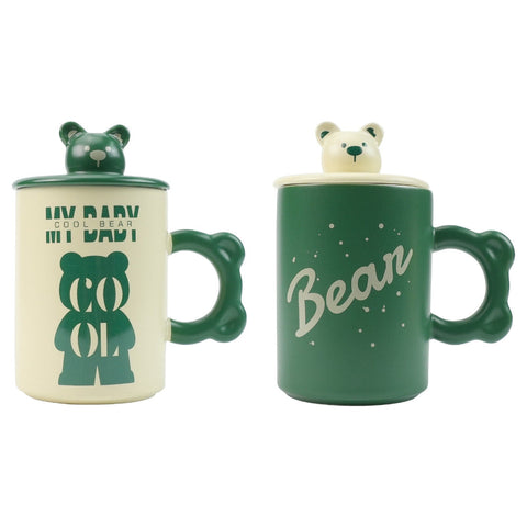 Lanci Aristo High Fired Ceramic Porcelain Mug Set With Lid Bear Tea Spoon 400Ml Green Mugs
