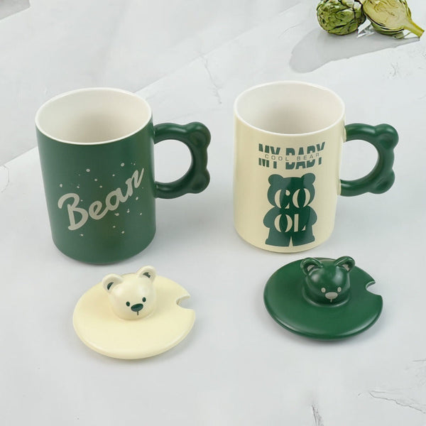 Lanci Aristo High Fired Ceramic Porcelain Mug Set With Lid Bear Tea Spoon 400Ml Green Mugs