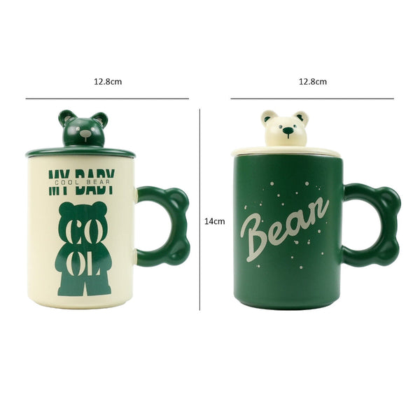 Lanci Aristo High Fired Ceramic Porcelain Mug Set With Lid Bear Tea Spoon 400Ml Green Mugs