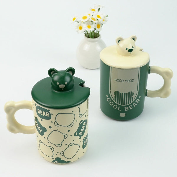 Lanci Aristo High Fired Ceramic Porcelain Mug Set With Lid And Spoon Green Mugs