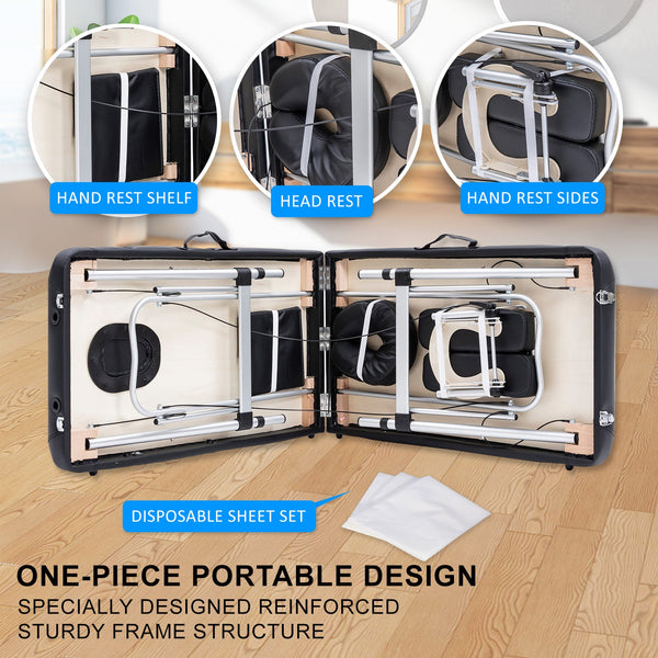 Aluminium Beauty Massage Table Bed 2 Fold 55Cm Black Massage Tables & Chairs