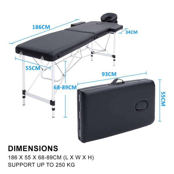 Aluminium Beauty Massage Table Bed 2 Fold 55Cm Black Massage Tables & Chairs