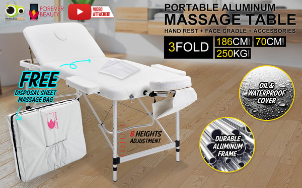 Aluminium Beauty Massage Table Bed 3 Fold 70Cm White Massage Tables & Chairs