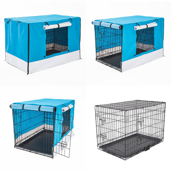 Wire Dog Cage Foldable Crate Kennel 48In With Tray Blue Cover Combo Dog Cages