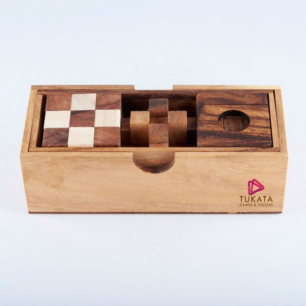3 Individual Brainteaser Wooden A Gift Box Puzzles