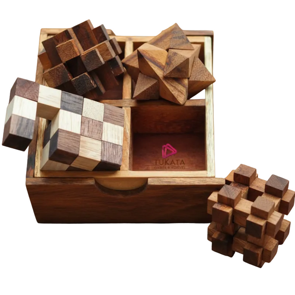 4 Individual Brainteaser Wooden A Gift Box Puzzles