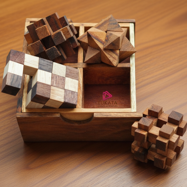 4 Individual Brainteaser Wooden A Gift Box Puzzles