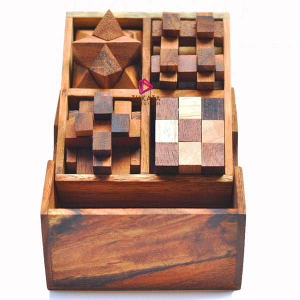4 Individual Brainteaser Wooden A Gift Box Puzzles