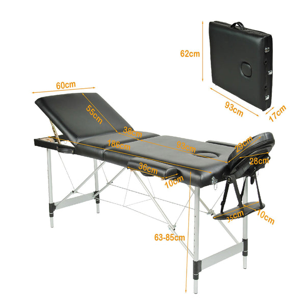 Yes4homes 3 Fold Portable Aluminium Massage Table Bed Beauty Therapy Black 186Cm X 60Cm 68 85Cm Massage Tables & Chairs