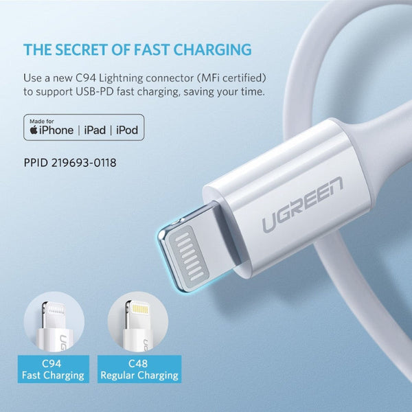 Ugreen 10493 Type C To Mfi Iphone M/M Cable Rubber Shell 1M White Cables & Adapters