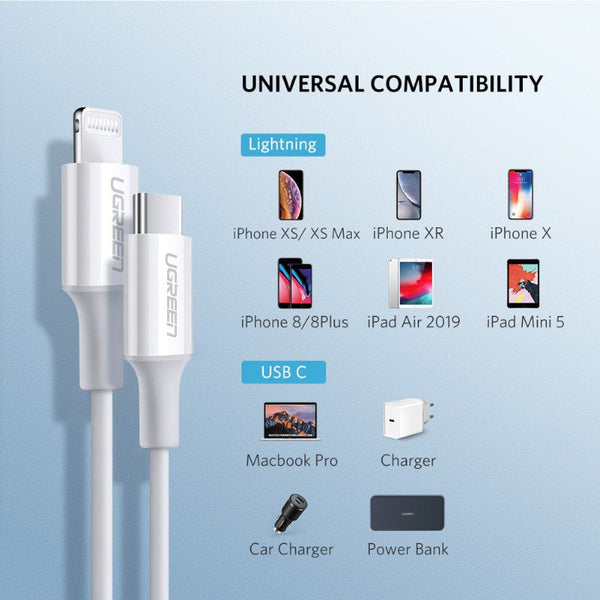 Ugreen 10493 Type C To Mfi Iphone M/M Cable Rubber Shell 1M White Cables & Adapters