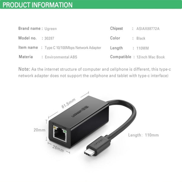 Ugreen 30287 Usb C 10/100Mbps Ethernet Adapter Ethernet Cables (Rj 45/8P8c)