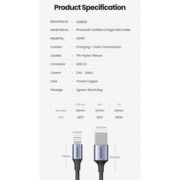 Ugreen 60163 Usb A To 8 Pin Iphone Charging Cable 2M Silver Cables & Adapters