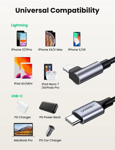 Ugreen 60763 90 Degree Usb C To Iphone 8 Pin Cable 1M Cables & Adapters