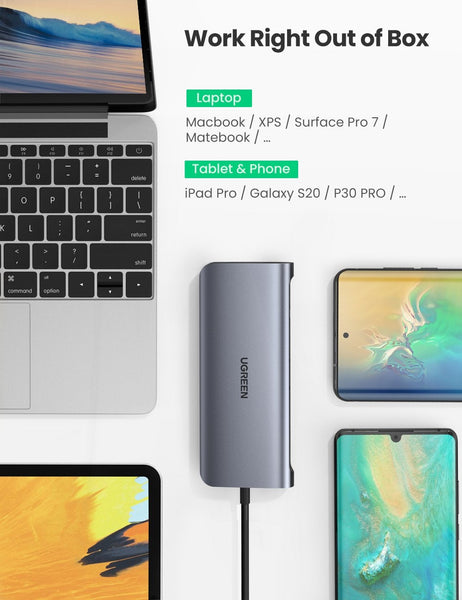 Ugreen Usb C To 3*Usb 3.0 A+Hdmi+Vga+Rj45 Gigabit+Sd/Tf+Aux3.5Mm+Pd Converter Gray With 80133 Usb Cables Hubs & Adapters