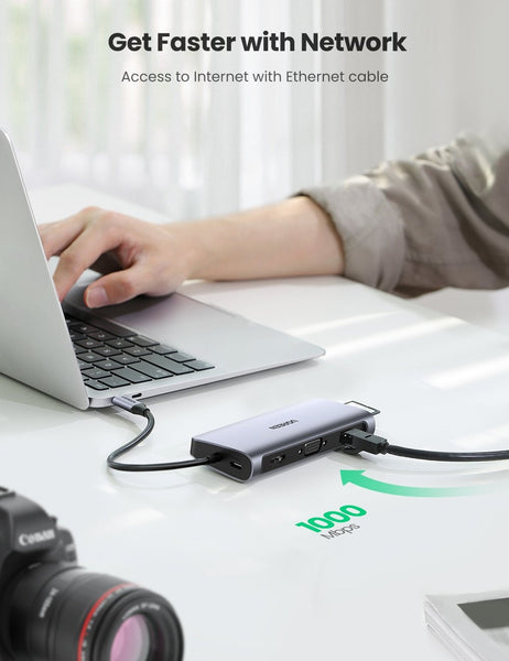 Ugreen Usb C To 3*Usb 3.0 A+Hdmi+Vga+Rj45 Gigabit+Sd/Tf+Aux3.5Mm+Pd Converter Gray With 80133 Usb Cables Hubs & Adapters