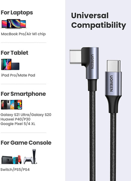Ugreen 80714 Usb C 2.0 To Angle Cable Black 3M Usb Cables Hubs & Adapters