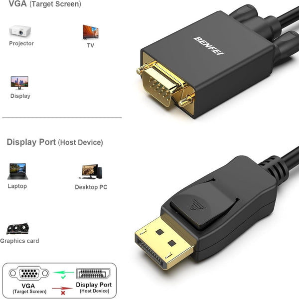 Benfei 000123Bk 10F Uni Directional Dp Displayport To Vga Cable Male Gold Plated Cord 3M Monitor/Av Cables & Adapters