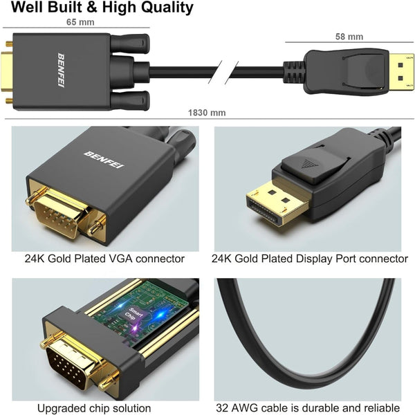 Benfei 000123Bk 10F Uni Directional Dp Displayport To Vga Cable Male Gold Plated Cord 3M Monitor/Av Cables & Adapters